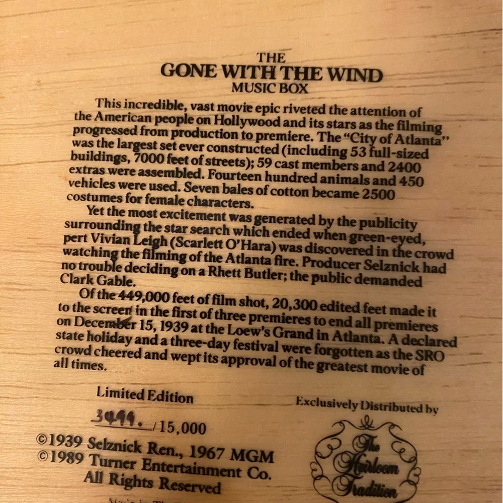 Vtg Gone With The Wind Music Box Heirloom Tradition Numbered Limited Edition